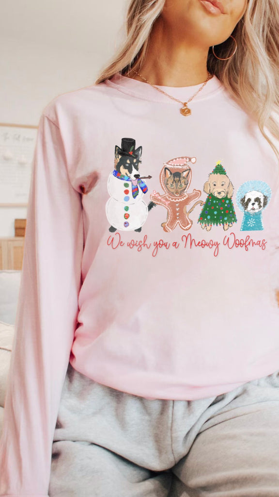 We Wish You a Merry (or Meowy) Woofmas (Customization Optional) Long Sleeve Tee - Pink