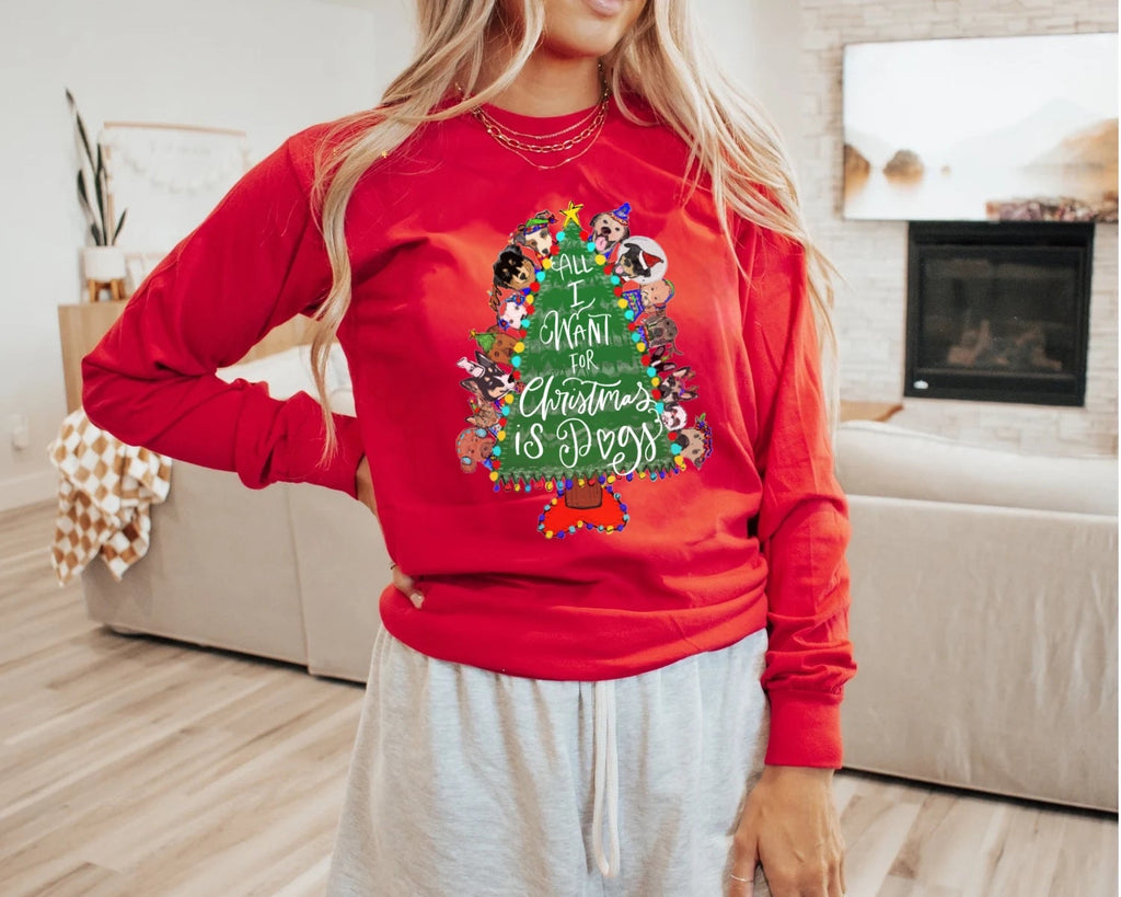 All I Want For Christmas is Dogs Festive Long Sleeve Tee - Red