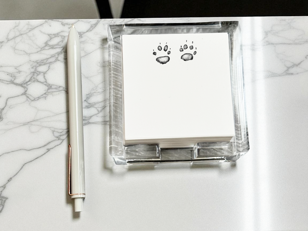 Clear acrylic notepad with paw prints on a marble surface