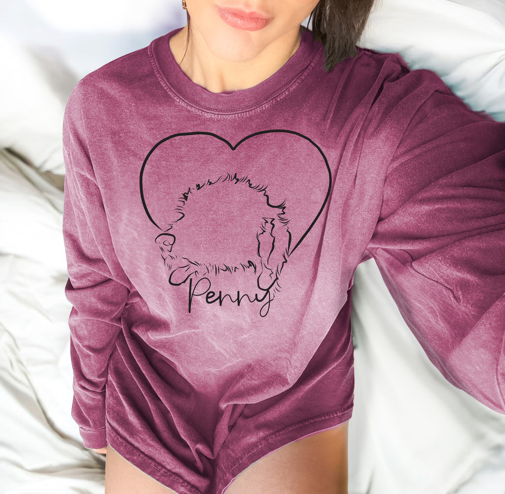 Custom Dog, Cat, or Other Pet Side Profile with Heart Long Sleeve T-Shirt in Berry