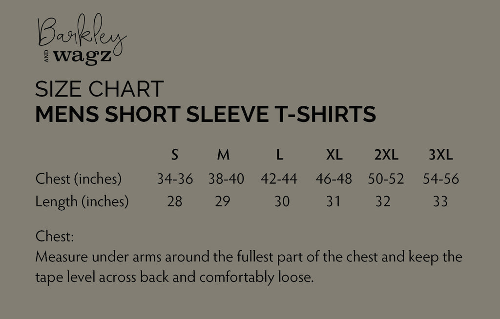 Barkley & Wagz Size Chart for Men's Short Sleeve T-Shirts.