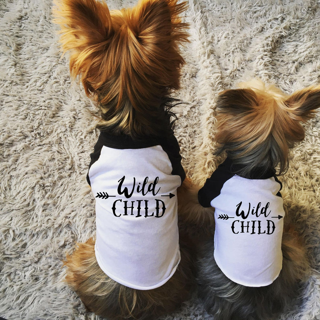 Wild Child Dog Raglan T-Shirt in Black and White - Modeled by Nutmeg and Lily the Yorkie Yorkshire Terrier