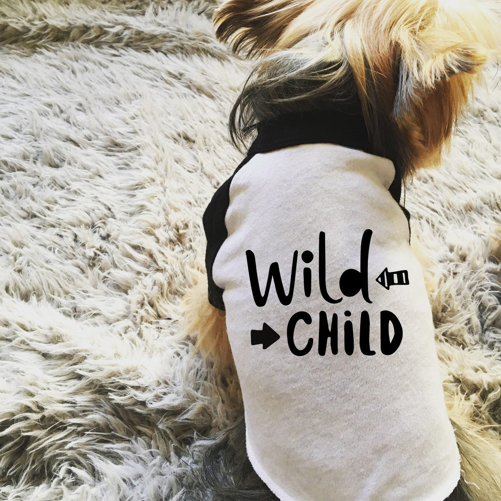 Wild Child Dog Raglan T-Shirt in Black and White - Modeled by Nutmeg the Yorkie Yorkshire Terrier
