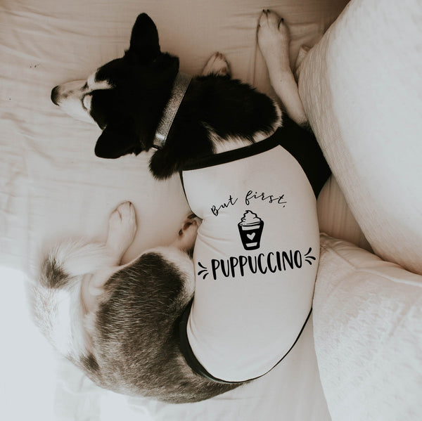 But First, Puppuccino Dog Shirt Dog Raglan Shirt in Black and White - Modeled by Athena the Husky