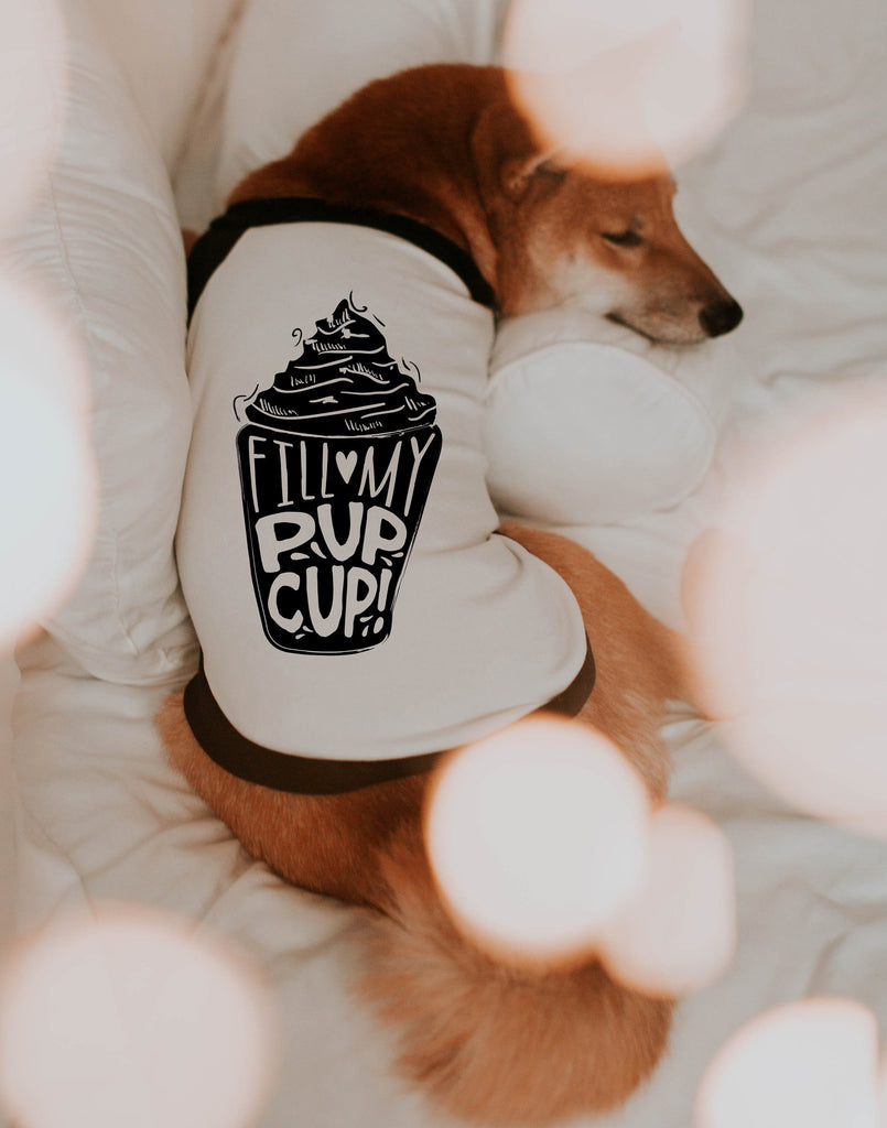 Fill My Pup Cup! Puppuccino Dog Raglan Shirt In Black and White - Modeled by Miso the Shiba Inu