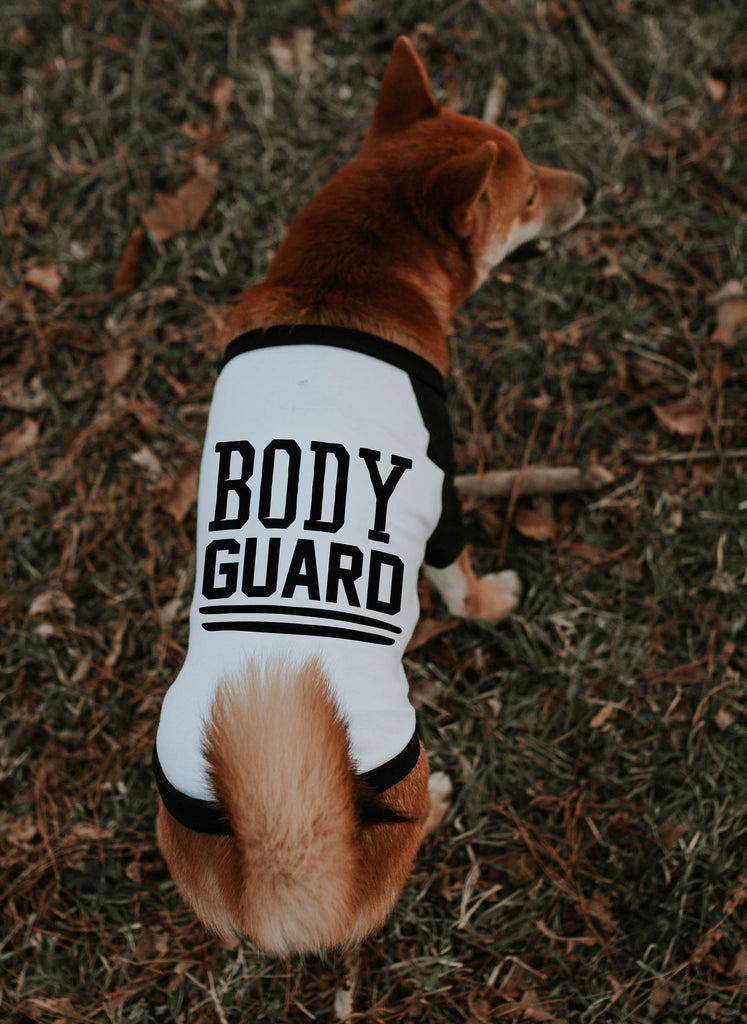Personalized Custom Security System Bodyguard Raglan Dog Raglan in Black and White - Modeled by Miso the Shiba Inu