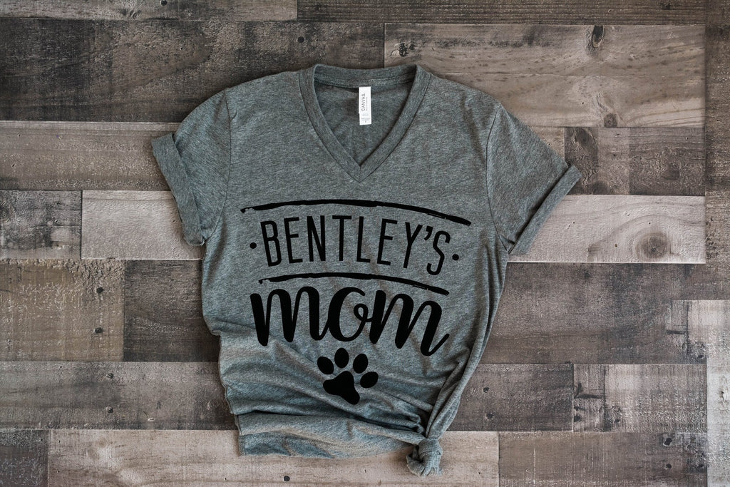 Custom Dog Name Bentley's Mom Dog Mom Dog Mama Mother's Day Gift Pick a Style Typography Flowy Women's Relaxed Bella + Canvas V-Neck Heather Grey
