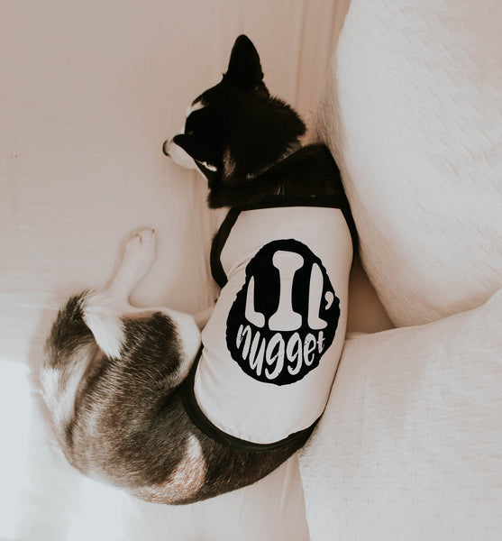 Funny Lil' Nugget Chicken Nugget Dog Raglan Shirt in Black and White - Modeled by Athena the Husky