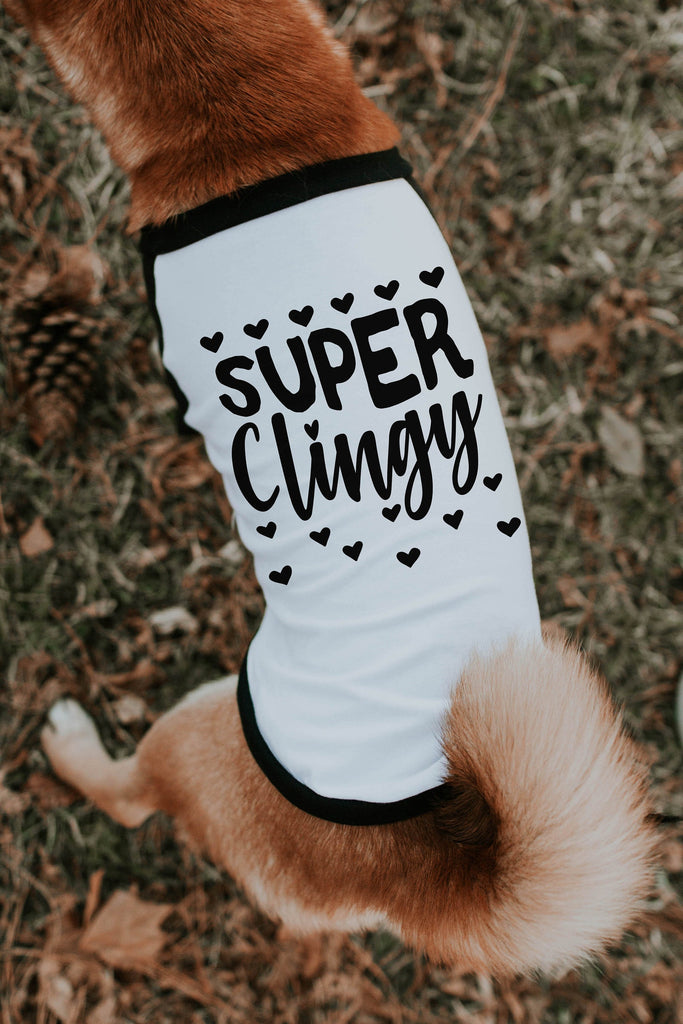Super Clingy Hearts Funny Dog Raglan T-Shirt in Black and White - Modeled by Miso the Shiba Inu