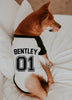Custom Dog Name Age Team Jersey Birthday Dog Shirt - Black/White Modeled by Miso the Shiba Inu