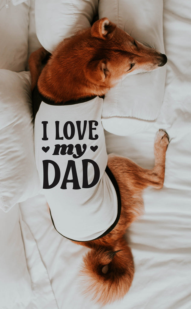 Personalized I Love My Mom I Love My Dad I Love My Mommy Daddy Shirt - I Love My Dad modeled by Miso the Shiba Inu