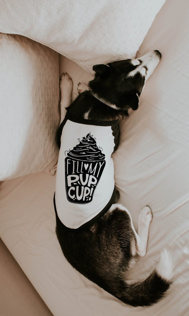 Fill My Pup Cup! Puppuccino Dog Raglan Shirt in Black and White - Modeled by Athena the Husky