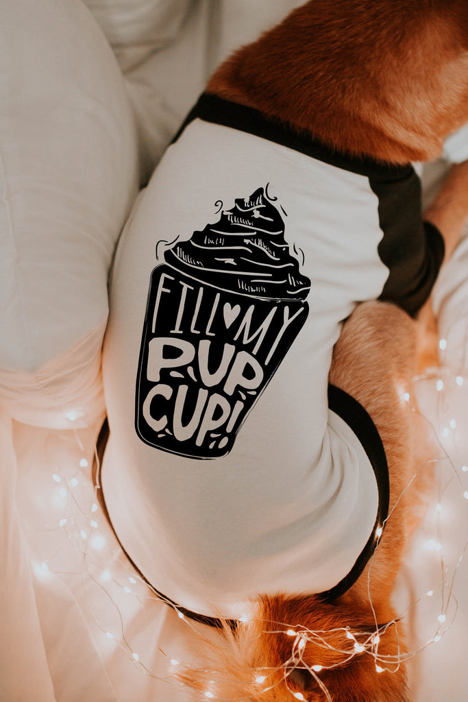 Fill My Pup Cup! Puppuccino Dog Raglan Shirt in Black and White - Modeled by Miso the Shiba Inu
