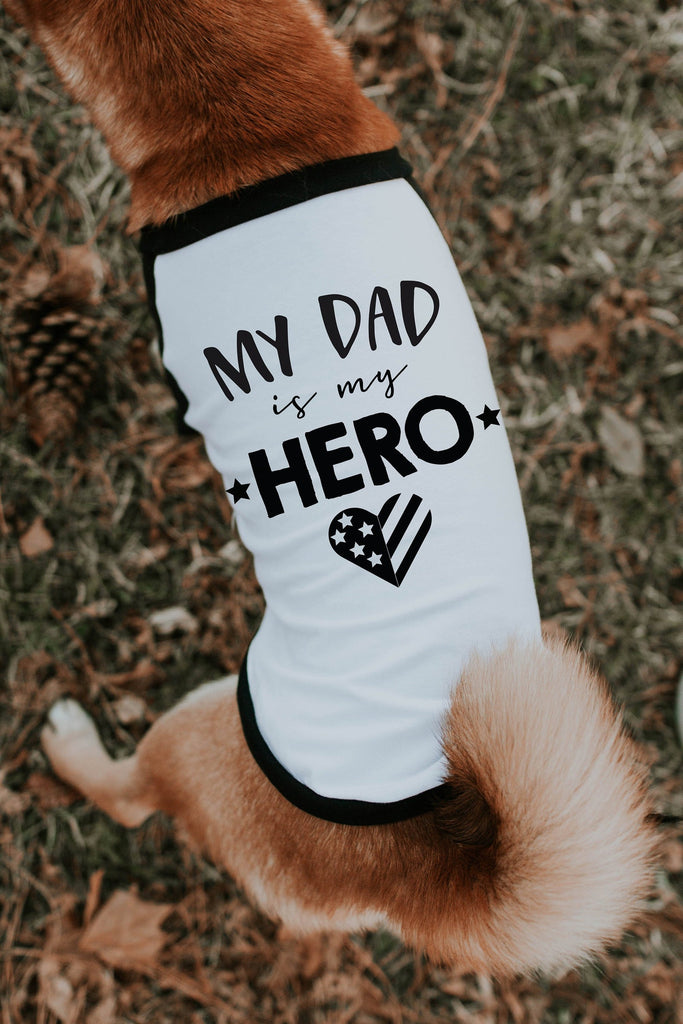 Custom My Dad is My Hero Dog Raglan in Black and White - Modeled by Miso the Shiba Inu