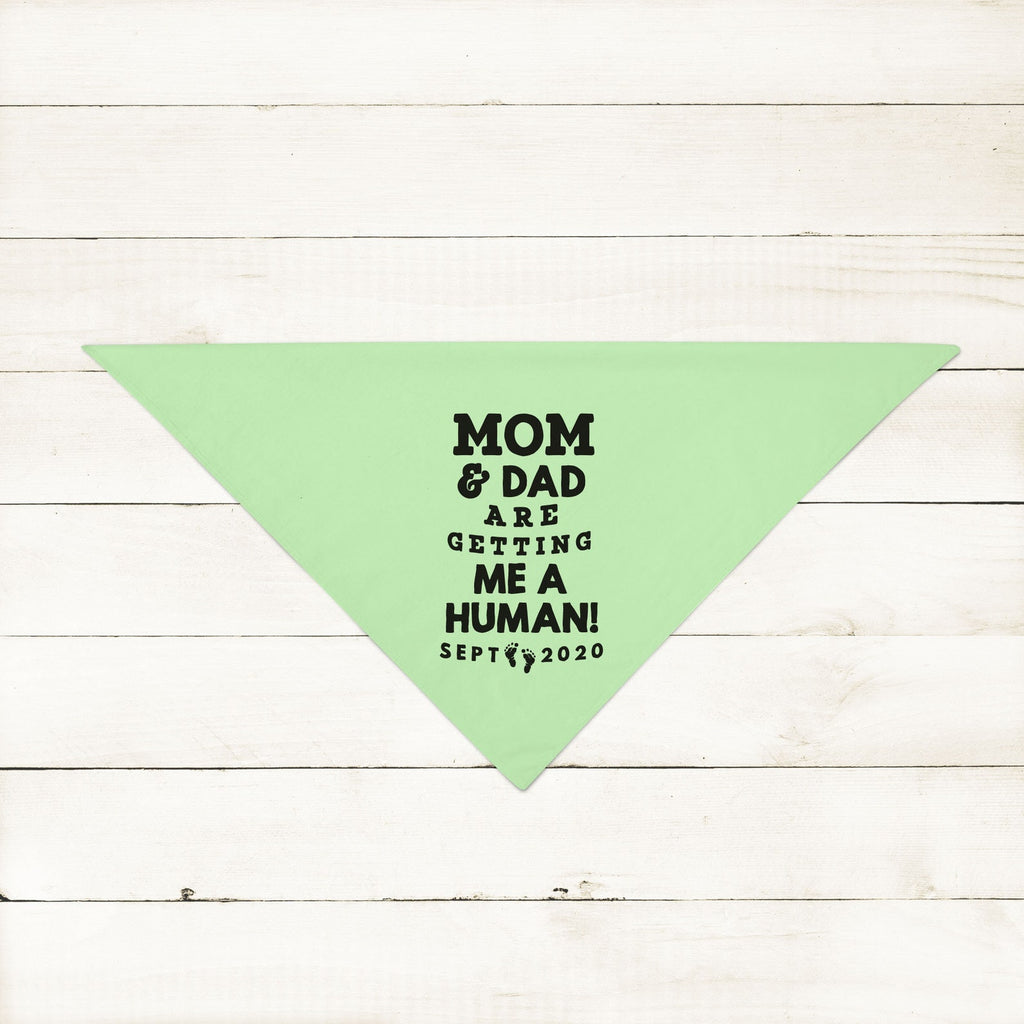 Personalized Mom & Dad Are Getting Me a Human! Pregnancy Announcement Bandana in Mint Green