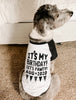 Custom It's my Birthday Birthday Let's Pawty! Dog Raglan Shirt in Black and White Modeled by Bogey the Bernedoodle