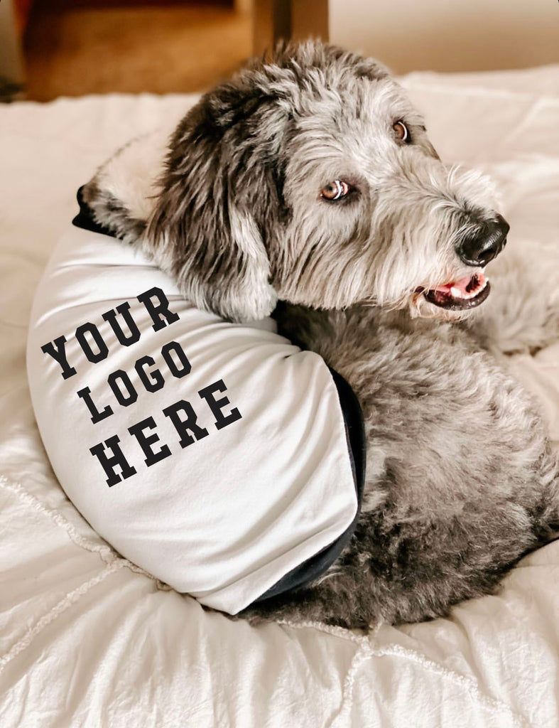 Personalized Logo Business Marketing Custom Dog Shirt Tee in Black and White - Modeled by Bogey the Bernedoodle