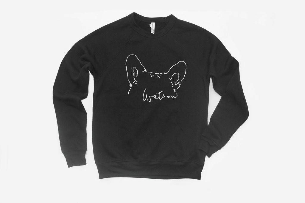Custom Dog, Cat, or Other Pet's Ears Outline Tattoo Inspired Crew Neck Bella + Canvas Unisex Sweatshirt or Hoodie - Black Crewneck Sweatshirt with Corgi Ears