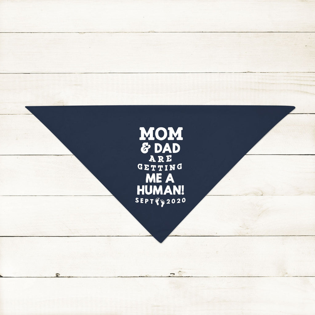 Personalized Mom & Dad Are Getting Me a Human! Pregnancy Announcement Bandana in Navy Blue
