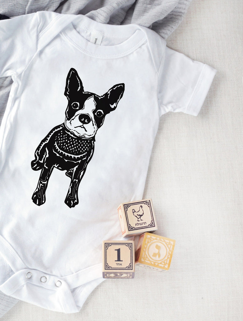 INFANT Baby Bodysuit Single or Set Custom Custom Linocut Dog Kid's Bodysuit in White