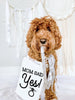 Mom Said Yes! Wedding Announcement Bow Tie Engagement Special Occasion Dog Sign - 8x10 with Silver Ribbon Sign Modeled by Bean the Goldendoodle