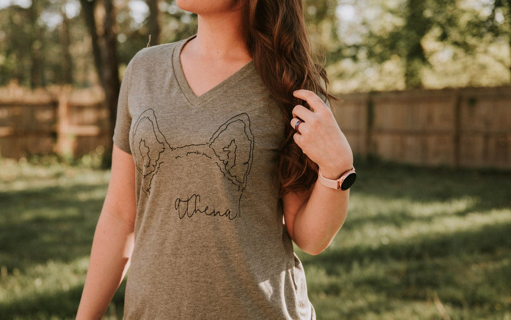 Women's Custom Dog, Cat, or Other Pet's Ears Outline Tattoo Inspired T-Shirt - Relaxed V-Neck in Heather Grey