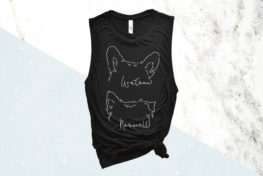 Women's Custom Personalized Dog Ears Outline Cursive Names Tattoo Inspired  Bella + Canvas Flowy Muscle Tank in Black
