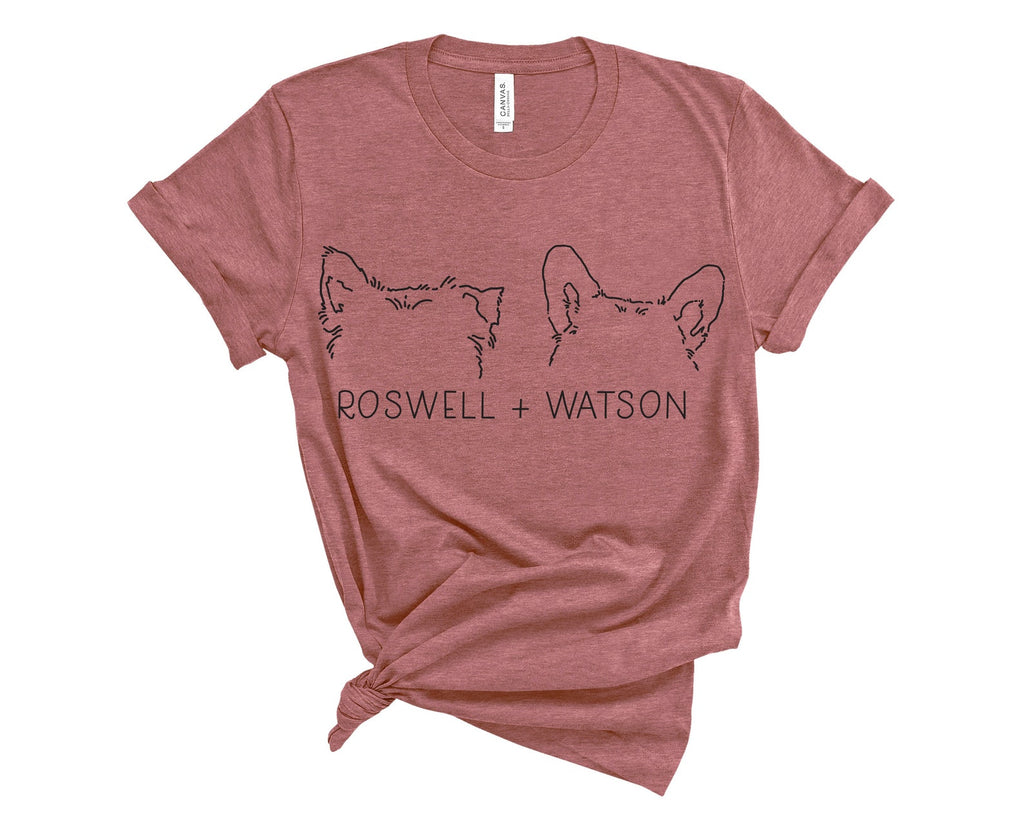 Personalized Multiple Dog, Cat, or Other Pet's Ears Outline Tattoo Inspired T-Shirt in Mauve