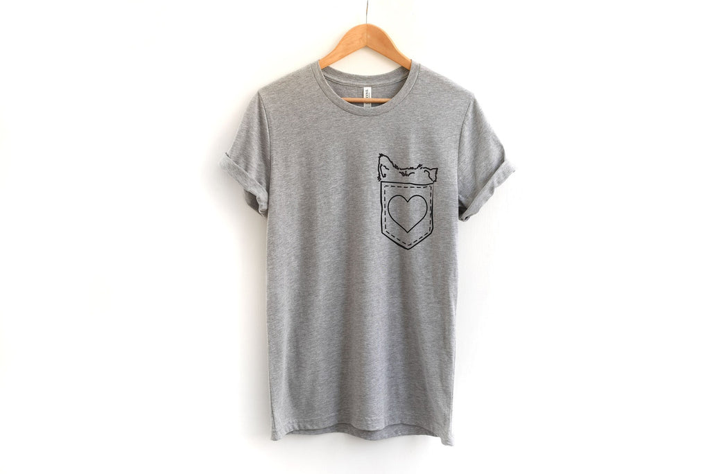 Bella + Canvas light heather grey t-shirt direct to garment printed with dog ears in pocket artwork