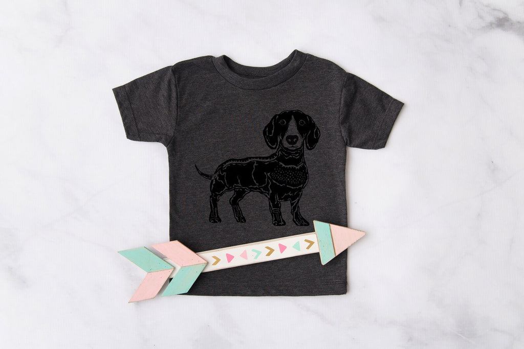 INFANT, TODDLER, or YOUTH Custom Pick a Breed Linocut Dog Kids T-Shirt in Dark Grey - Featuring Dachshund