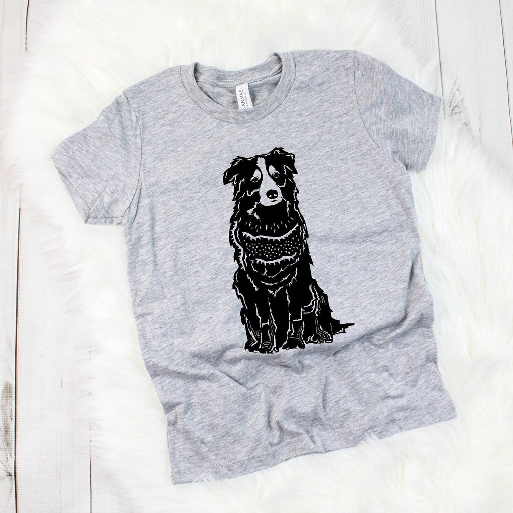 INFANT, TODDLER, or YOUTH Custom Pick a Breed Linocut Dog Kids T-Shirt in Light Grey - Featuring Australian Shepherd
