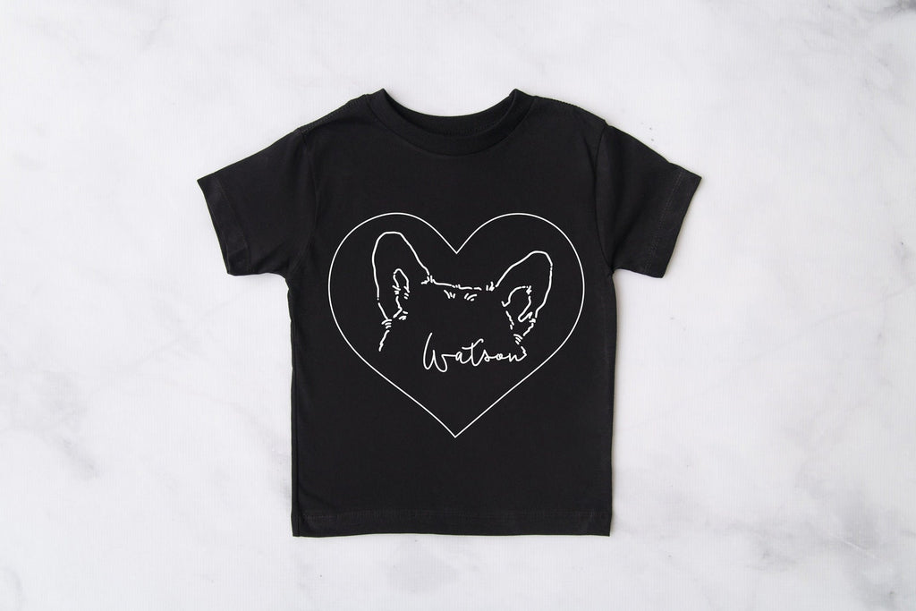 INFANT, TODDLER, or YOUTH Custom Dog or Cat Ears Heart Outline Kid's T-Shirt in Black