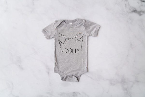 INFANT Baby Bodysuit Single or Set Custom Dog, Cat, or Other Pet Ears Outline Personalized Baby Bodysuit - Grey Onesie