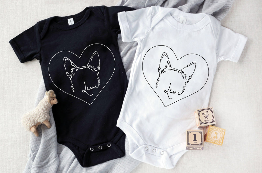 INFANT Baby Bodysuit Single or Set Custom Heart Dog, Cat, or Other Pet Ears Kid's Outline Personalized Baby Bodysuit in Black and White