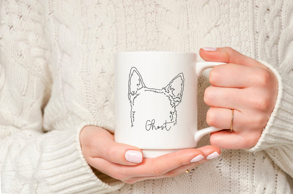 Custom Dog, Cat, or Other Pet's Ears Outline Cursive Script Outline Tattoo Inspired Coffee Mug