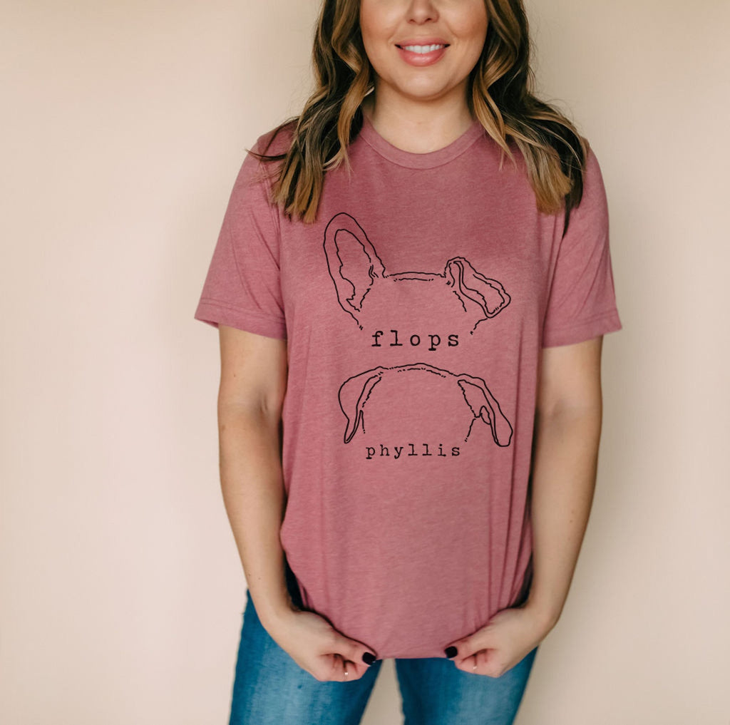 Women's Custom Multiple Dog, Cat, or Other Pet's Ears Typewriter Style Names Outline Tattoo Inspired Bella + Canvas Mauve T-Shirt