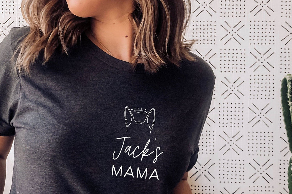 Custom Dog, Cat, or Other Pet's Ears Mom Graphic T-Shirt in Black - Personalized with "Jack's Mama" and halo dog ears