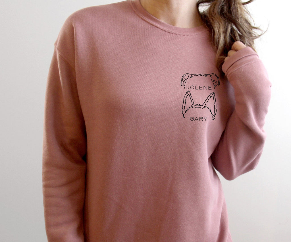 Personalized Dog, Cat, or Other Pet's Ears Pocket Outline Tattoo Inspired Crew Neck Women's Men's Sweatshirt Hoodie in Mauve