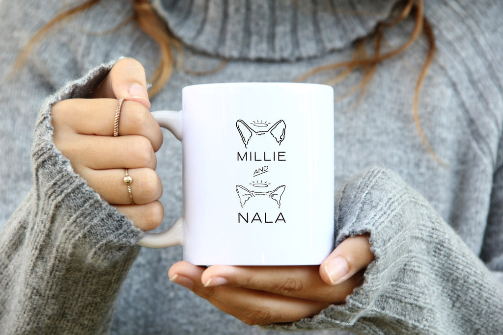 Custom Multiple Dog, Cat, or Other Pet's Ears Outline Outline Tattoo Inspired Coffee Mug - Shows Cat & Dog Ears, both with angel halos