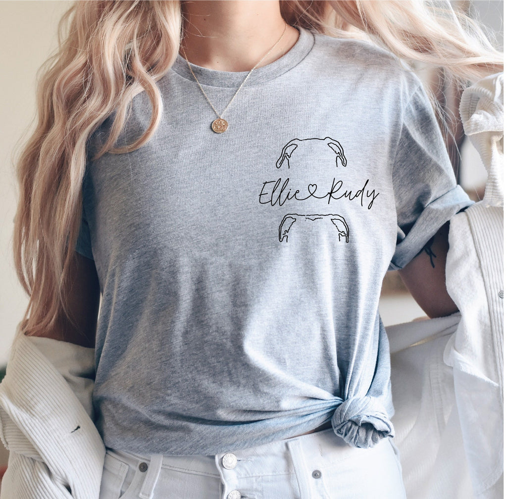 Women's Custom Personalized Pocket Dog, Cat, or Other Pet's Ears Outline Heart Cursive Names Light Grey Relaxed T-Shirt