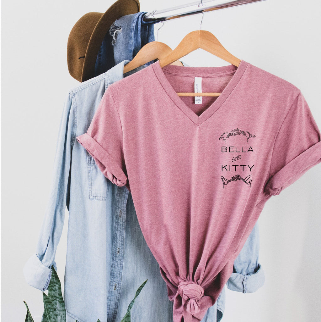 Women's Custom Dog or Cat Ears Pocket Outline Tattoo Inspired Mauve Pink Relaxed V-Neck T-Shirt