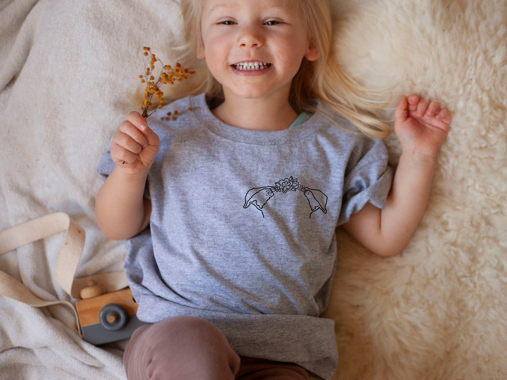 INFANT, TODDLER, or YOUTH Custom Dog or Cat Ears Outline Minimalist Pocket Kid's T-Shirt in Light Grey Heather with Flower Crown