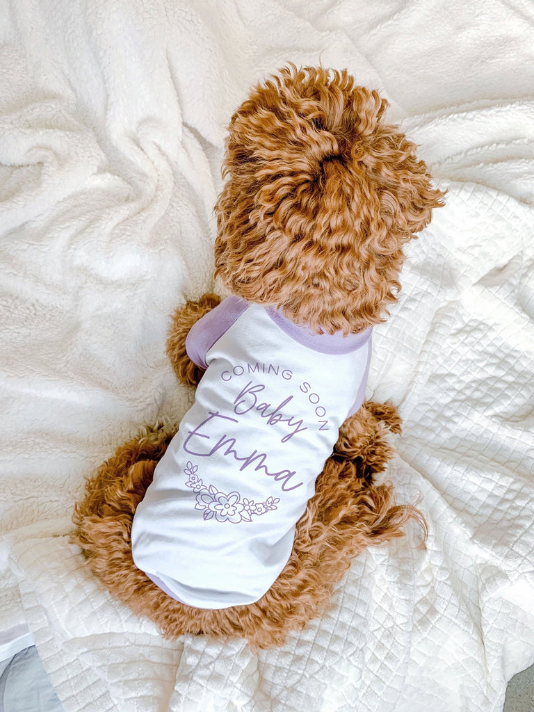 Coming Soon! Baby Name Floral Graphic Dog Shirt in Lilac and White - Modeled by Bean the Goldendoodle
