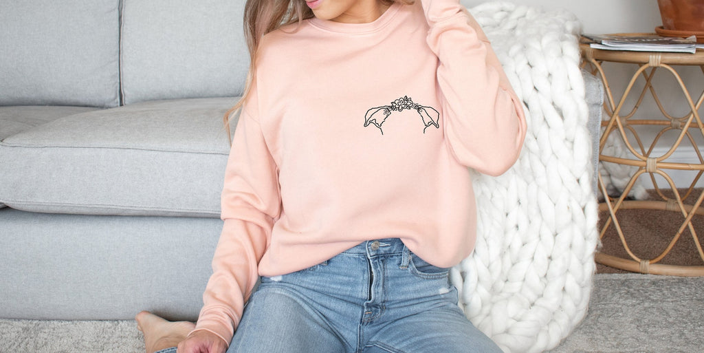 Customized Pocket Dog, Cat, or Other Pet's Ears Outline Tattoo Inspired Crew Neck Sweatshirt in Peach with Flower Crown Dog Ears Graphic