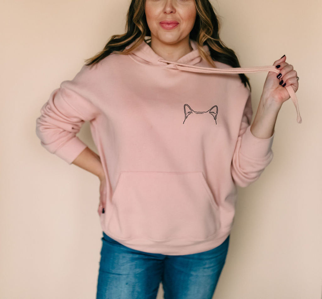 Custom Dog, Cat, or Other Pet's Ears Outline Tattoo Inspired Crew Neck Bella + Canvas Unisex Sweatshirt or Hoodie - Peach Hooded Sweatshirt with pocket design of cat