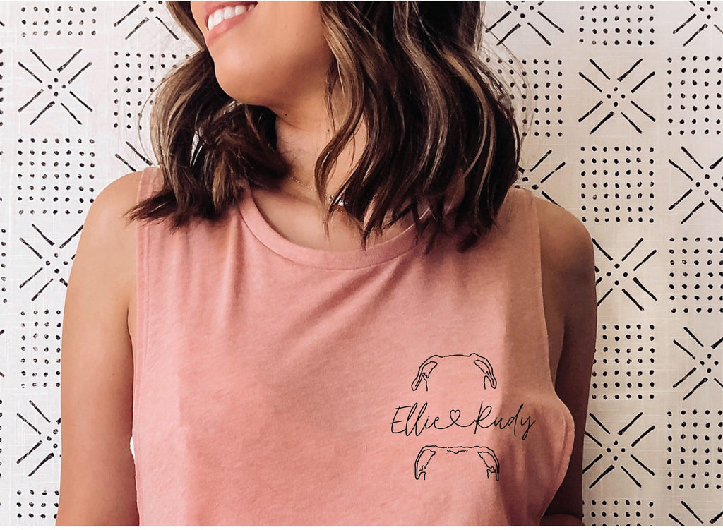 Women's Custom Personalized Pocket Dog, Cat, or Other Pet's Ears Outline Heart Cursive Names Flowy Peach Muscle Tank