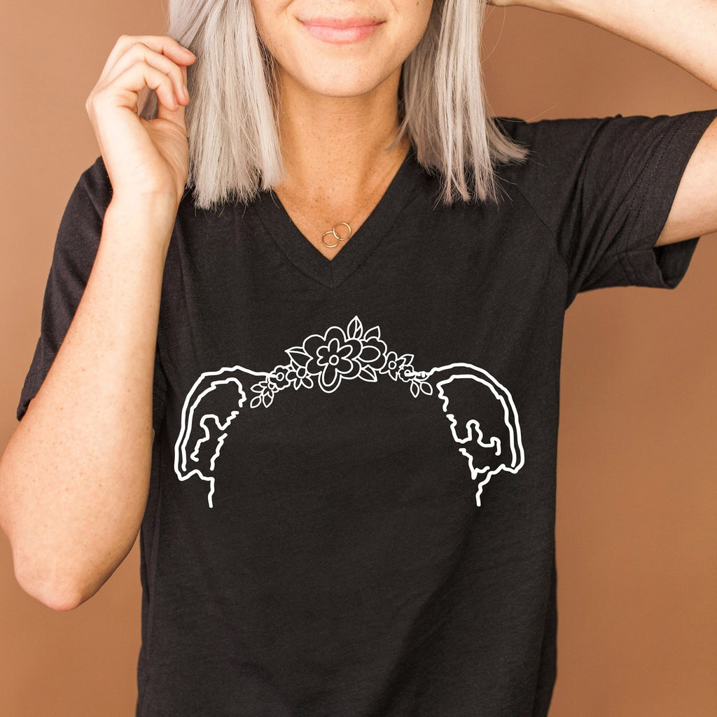 Women's Custom Dog or Cat Ears Flower Crown Outline Tattoo Inspired Black Relaxed V-Neck