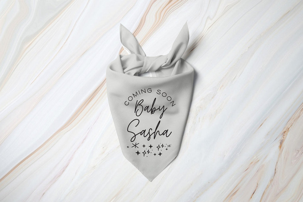 Custom Coming Soon Baby Name Soon to Be Big Sister Big Brother Birth Announcement Glitter Dog Bandana Scarf in Light Silver Grey