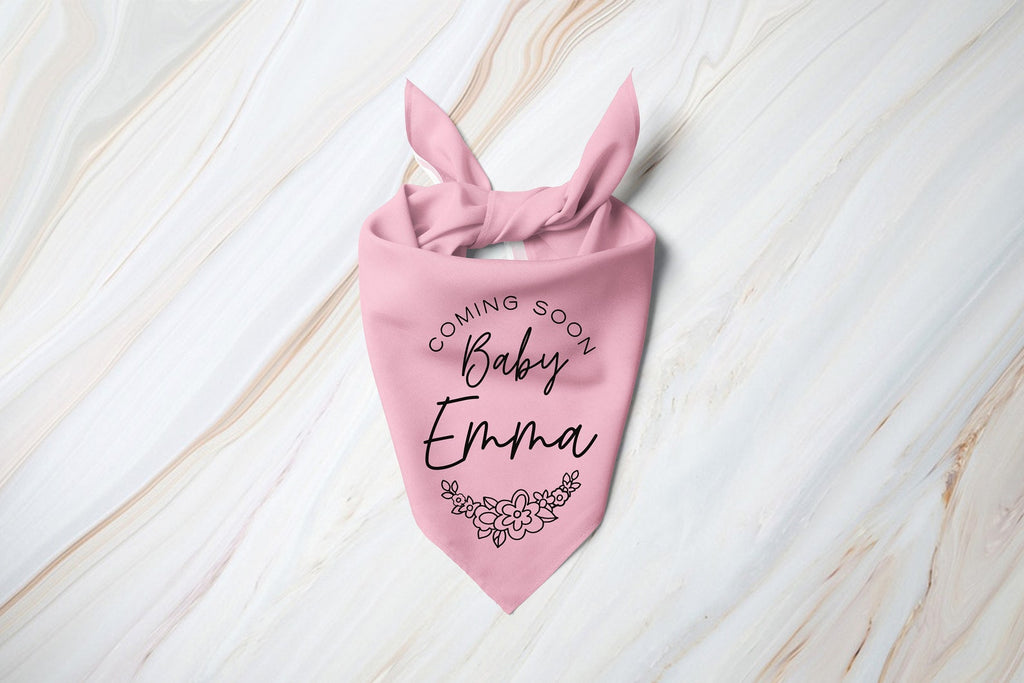 Custom Coming Soon Baby Name Soon to Be Big Sister Big Brother Birth Announcement Dog Bandana Scarf in Light Pink