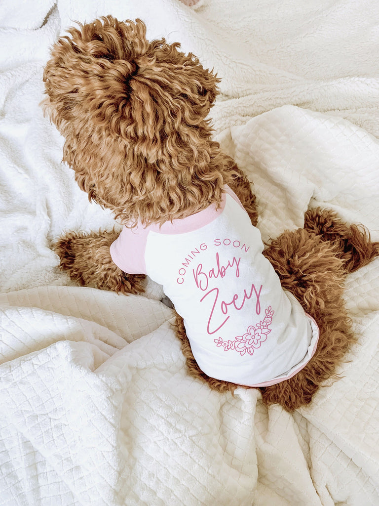 Coming Soon! Baby Name Floral Graphic Dog Shirt - In Pink and White - Modeled by Bean the Goldendoodle